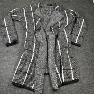 David Kahn Black White Plaid Open Front Knit Cardigan Sweater Womens L